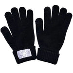Pair of black gloves with a visible brand label on a white background